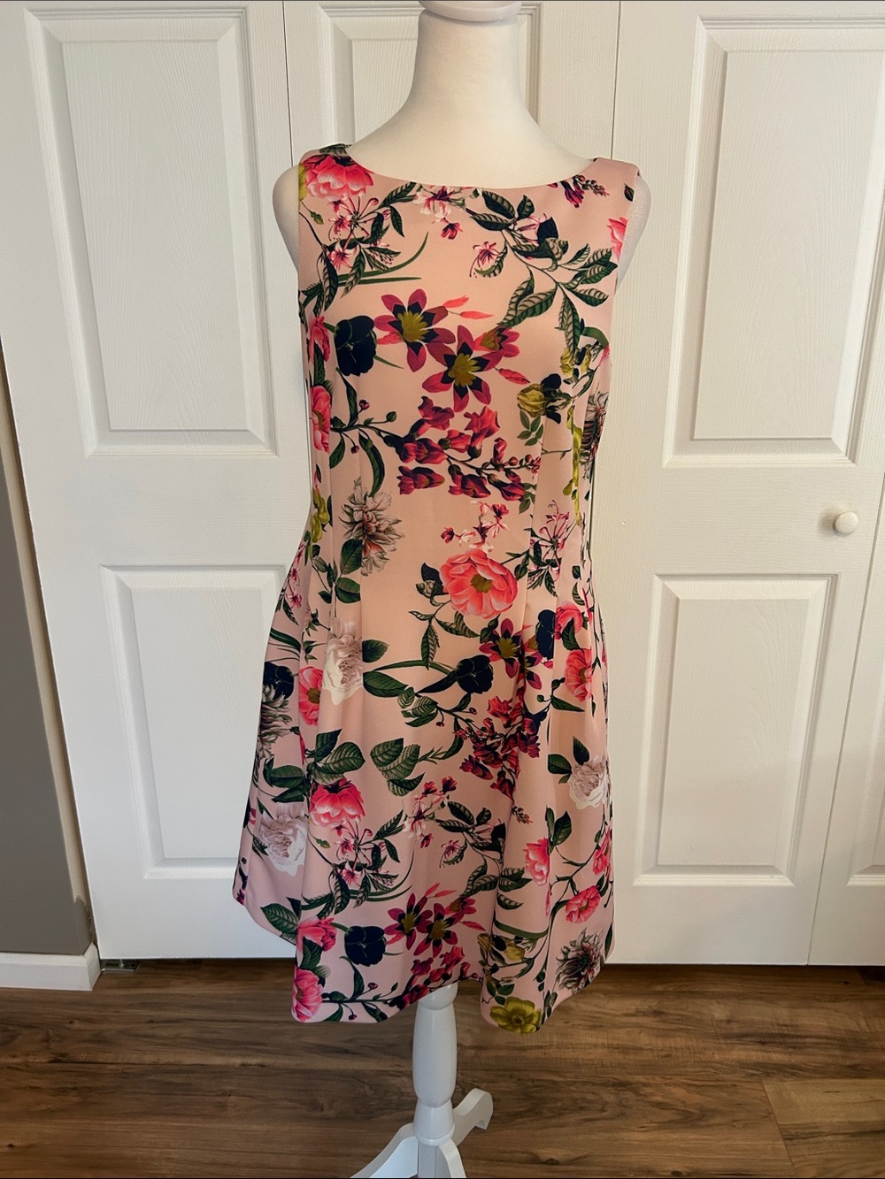 Vince Camuto Blush Pink Floral Boatneck Midi Dress